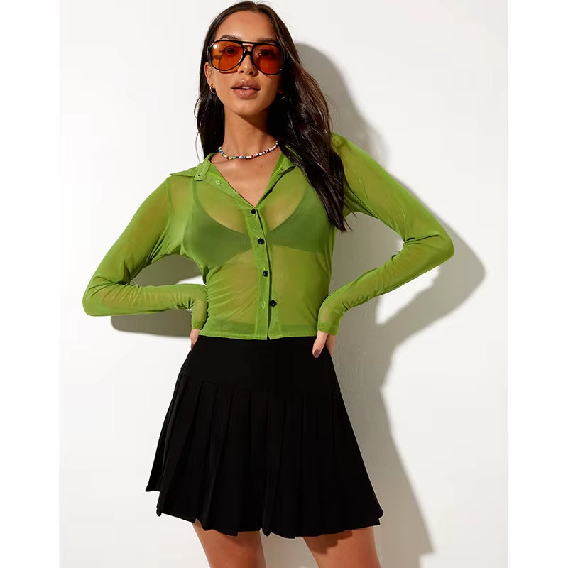 Brown Vintage Y2K Mesh Tops Women Button up Long Sleeve Cropped Tee Shirt See through Sexy Rave E Girl T-Shirts Autumn Блузка