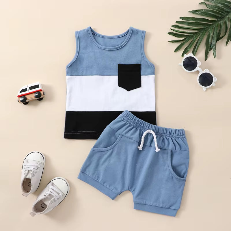 2023-02-17  0-3Years Toddler Boys 2Pcs Summer Outfit Sets Sleeveless Contrast Tank Tops Solid Drawstring Shorts