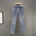 Women'S Rhinestone Skinny Jeans, High Waist, 9 Points Pants, Denim Overalls, Elastic, Heavy Industry, Spring, Autumn,