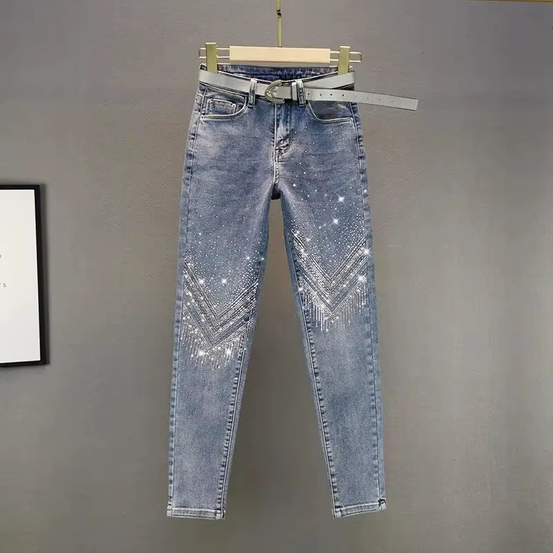 Women'S Rhinestone Skinny Jeans, High Waist, 9 Points Pants, Denim Overalls, Elastic, Heavy Industry, Spring, Autumn,