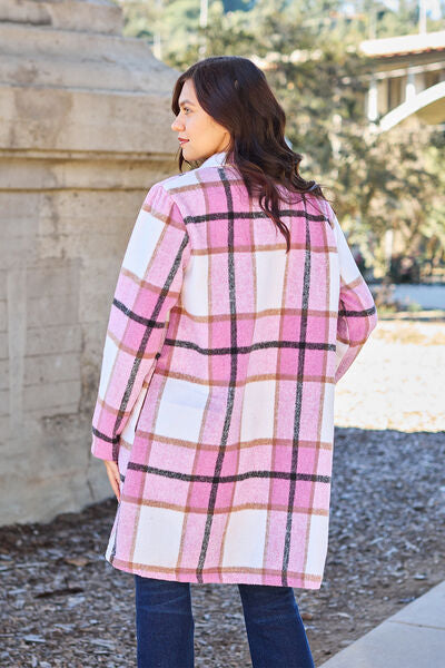 Double Take Full Size Plaid Button Up Lapel Collar Coat-2