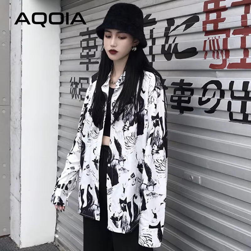2025 Summer Harajuku Ink Printing Women Blouse Shirt Loose Long Sleeve Button up Ladies Shirt Y2K Oversize Female White Clothing