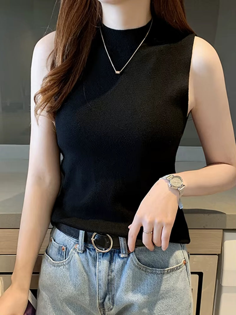 2026 Summer Versatile Knit Sleeveless Tops Women Basic Solid Tank Tops Casual O-Neck Slim Thin Tees Female Tops Vest