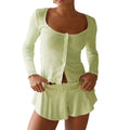 Women Fairy Grunge Two Piece Pajama Sets Solid Lace Trim round Neck Long Sleeve Button Crop Tops T-Shirts Shorts Loungewear