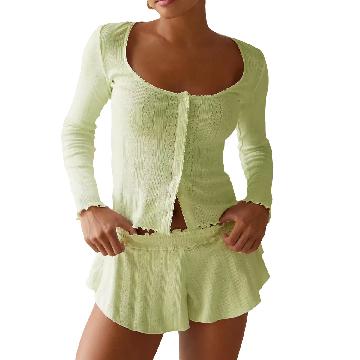 Women Fairy Grunge Two Piece Pajama Sets Solid Lace Trim round Neck Long Sleeve Button Crop Tops T-Shirts Shorts Loungewear
