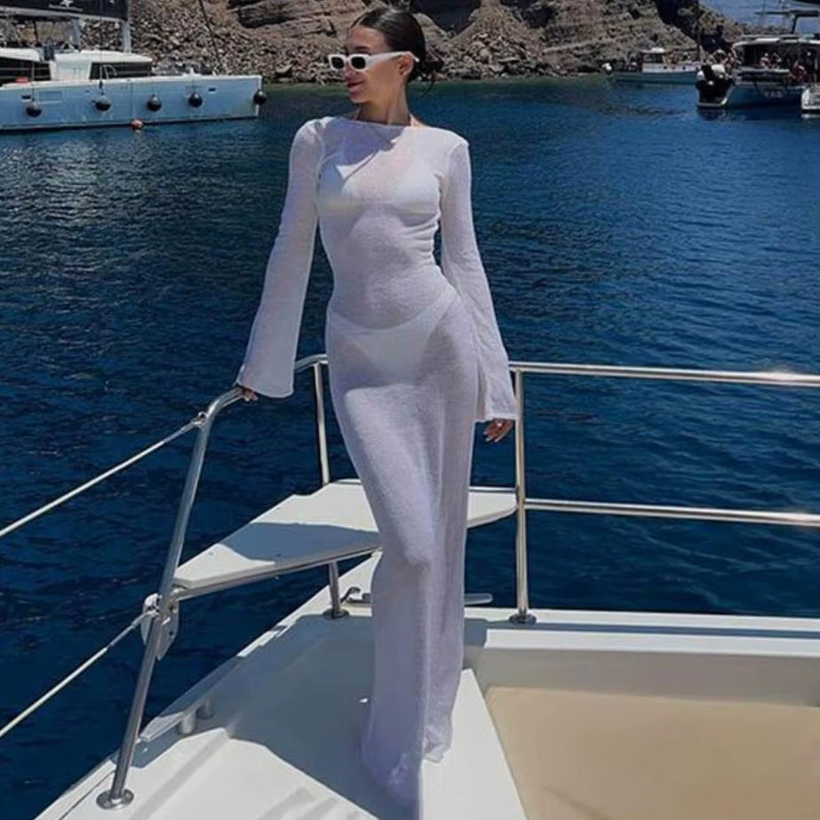 Women'S Wrapped Beach Dress Bikini Cover-Ups Long Sleeve round Neck See through Sunscreen Backless Beach Long Dresses