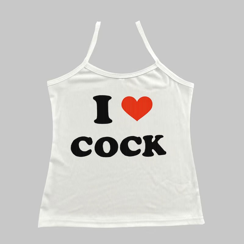 I Love Cock Letter Print Graphic Y2K Streetwear Sexy Slim White Crop Tops 2000S Style Tank Tops Sleeveless Summer Backless Camis