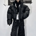 Men'S & Women'S Vintage PU Leather Puffer Jacket Winter Short Quilted Coat American Retro Stand Collar Unisex Couple Outerwear