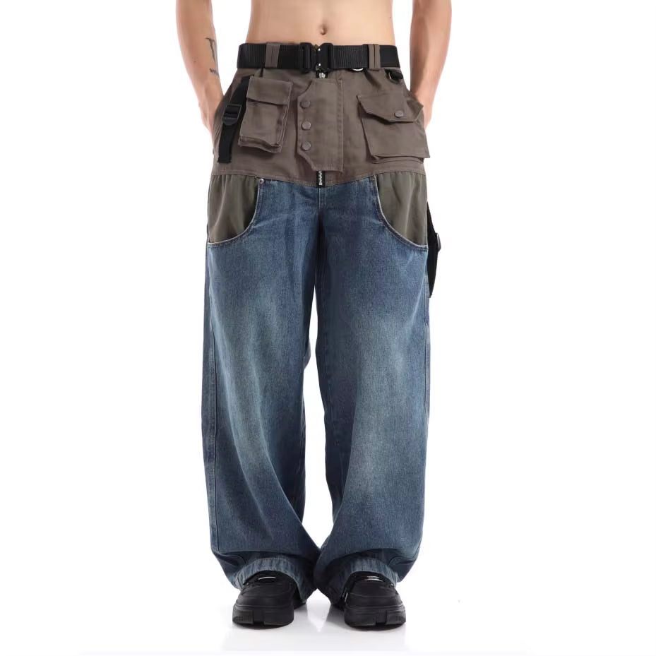 Men Jeans Patchwork Multi-Pocket Couple Loose Denim Pants Beggar Style High Street Trendy Casual Male Streetwear