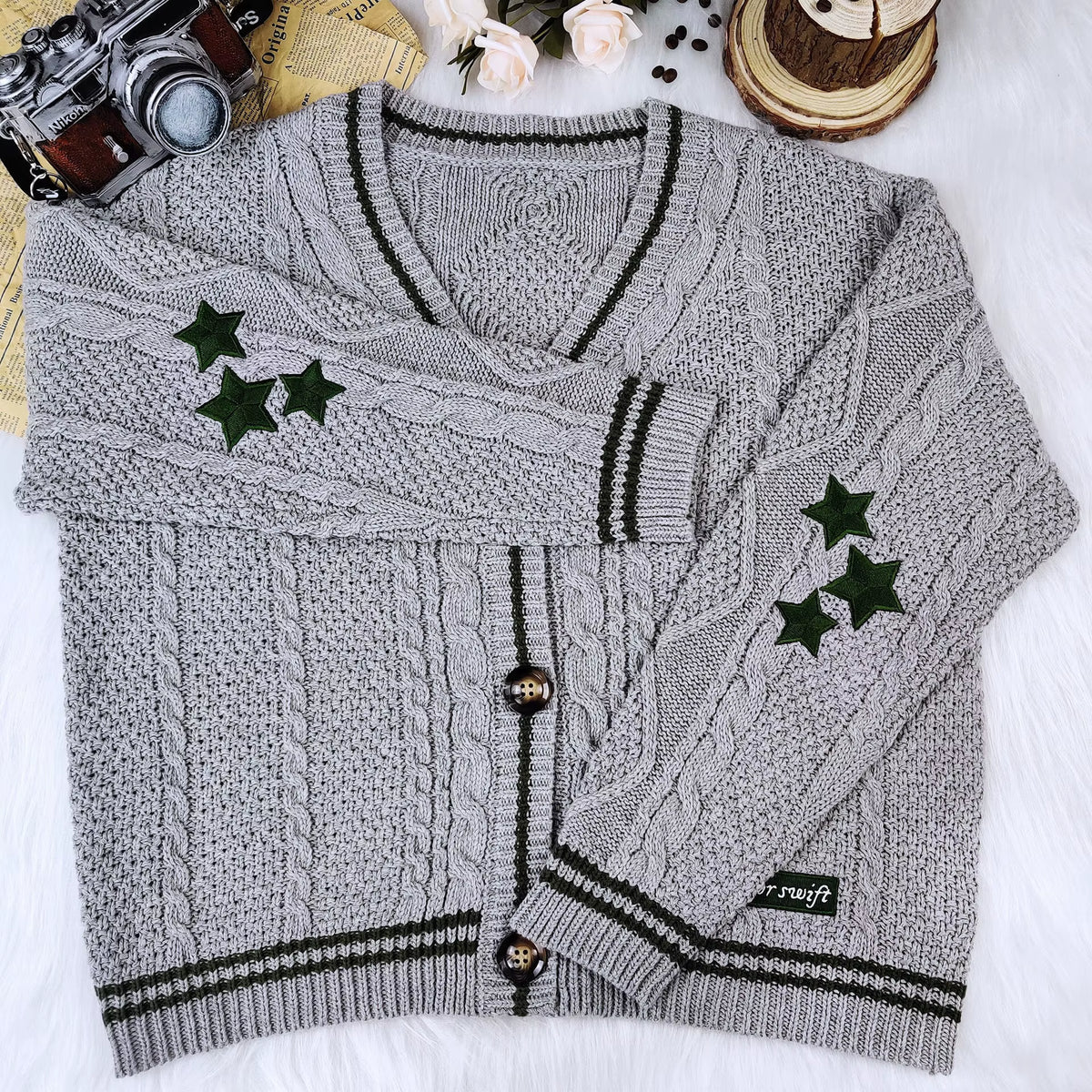 Chic Vintage Star Print Knitted Cardigan Preppy Cute Button up V Neck Long Sleeve Coat Autumn Y2K Aesthetics Retro Sweater