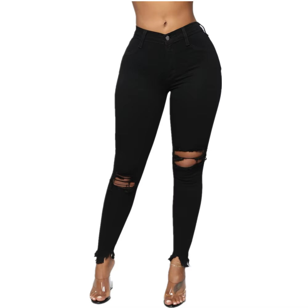 Black and White Ripped Jeans for Women Slim Denim Jeans Casual Skinny Pencil Pants Fashion Women'S Clothing S-3XL Drop Shipping