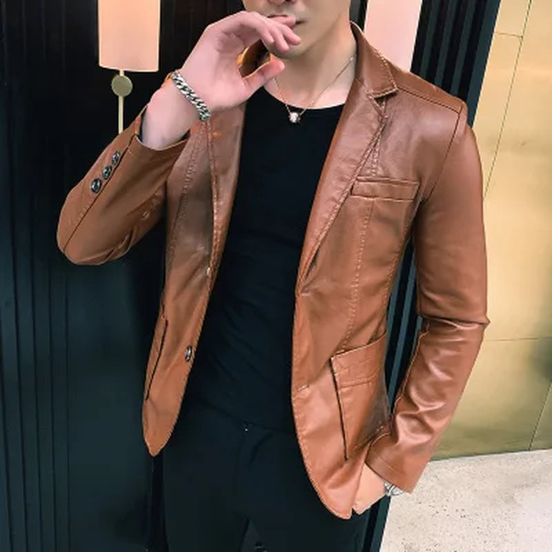 Dress Suit Coat Men'S Jackets Men'S Business Leather Jackets Men'S Pu Blazers New Korean Style Slim Thin Trend Leather Jackets