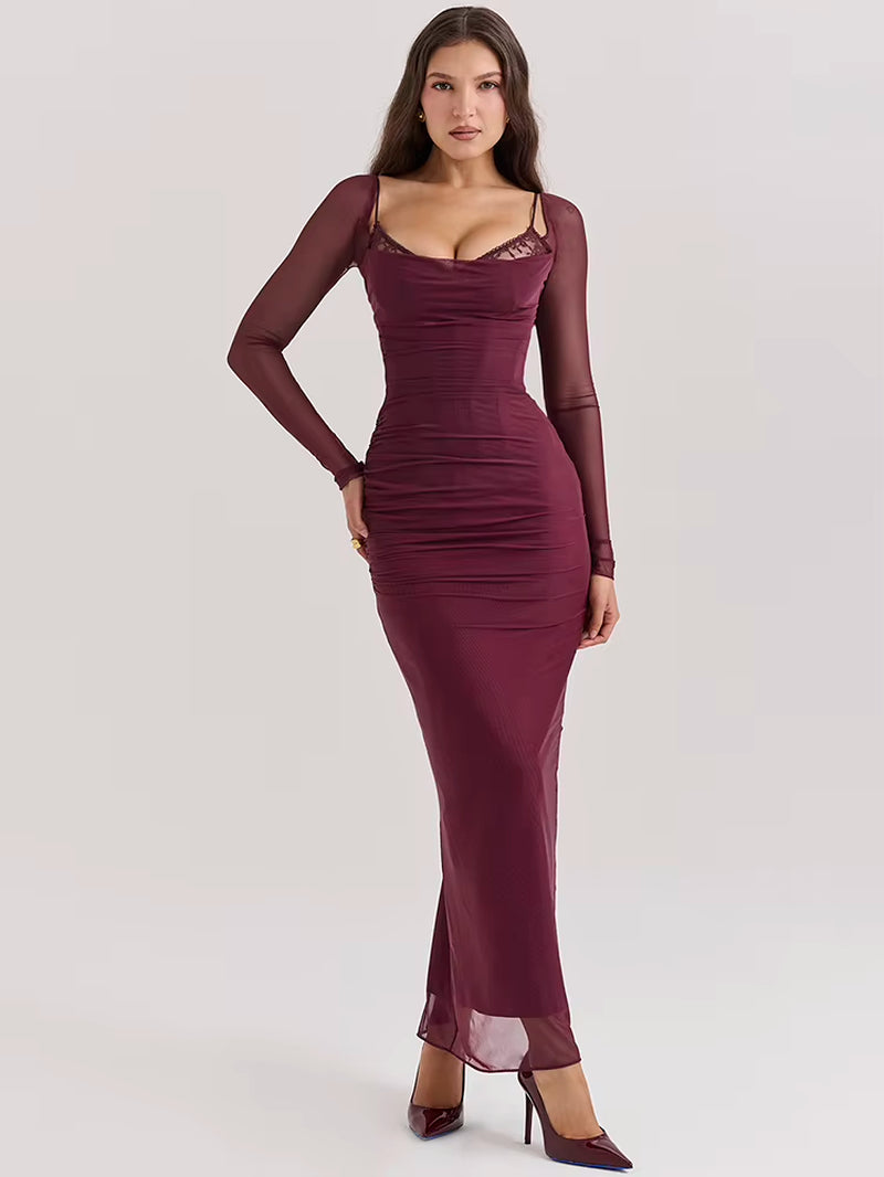 Elegant Sheer Long Sleeve Sexy Maxi Dress for Women Fashion Mesh Strapless Backless Club Party Sexy Long Dress 2024