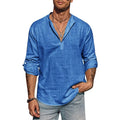 Mens Long Sleeve Cotton Shirt Linen Stand Collar T-Shirts Lightweight Breathable Streetwear Half Button Hawaiian Large Shirt