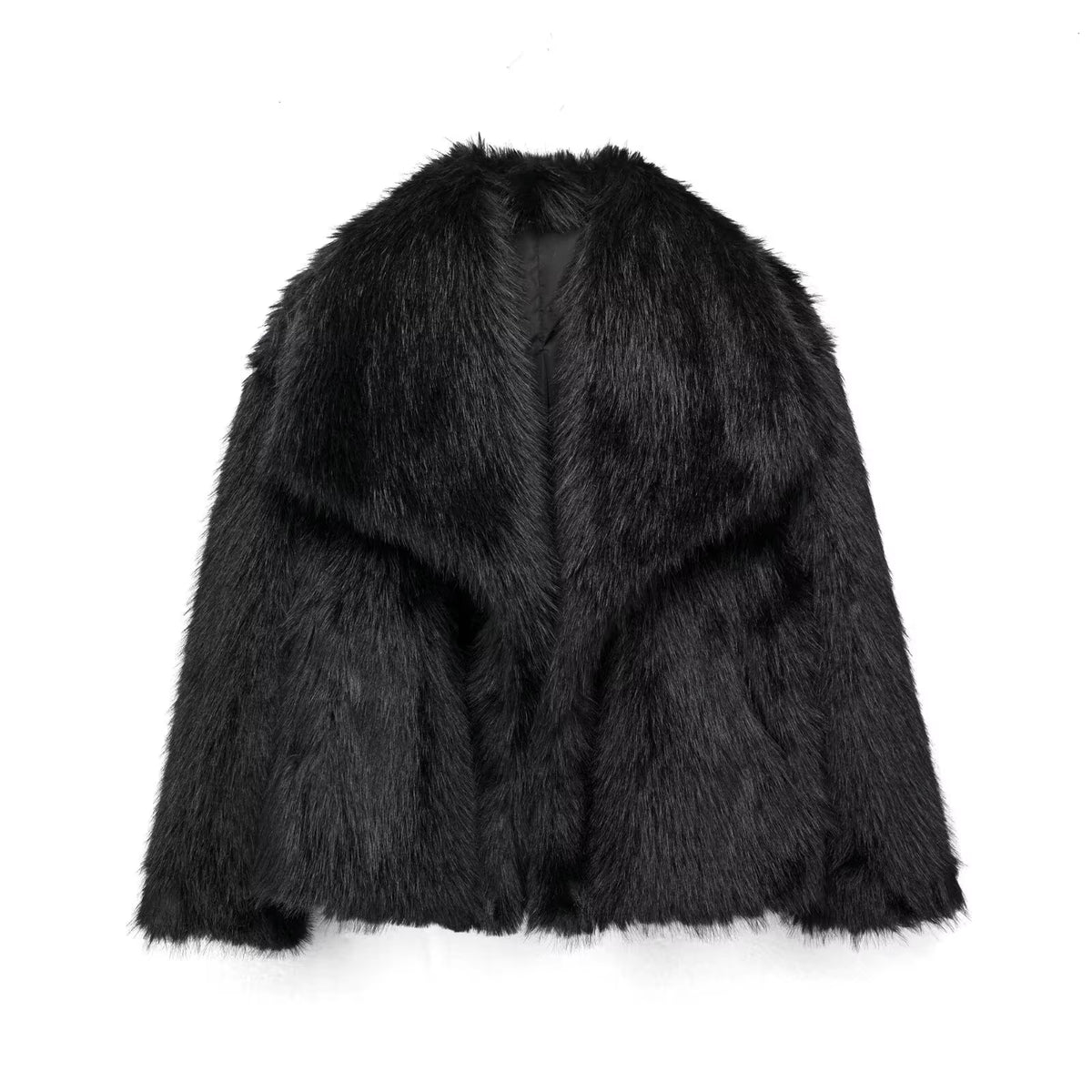 HH Women Fashion Cropped Faux Fur Jacket Coat Long Sleeve Front Snap-Button Female Outerwear Chic Lapel Collar Thick Coat