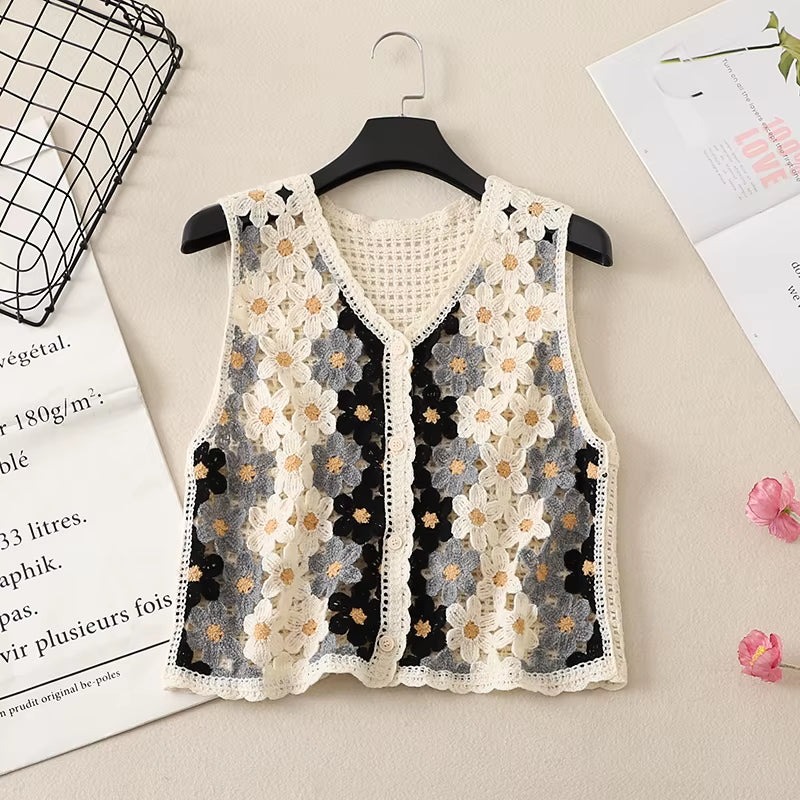 Women Floral Crochet Vest Button-Up Open Work Sleeveless Jacket Knitted Waistcoat Top Boho Vacation Spring Summer 2026