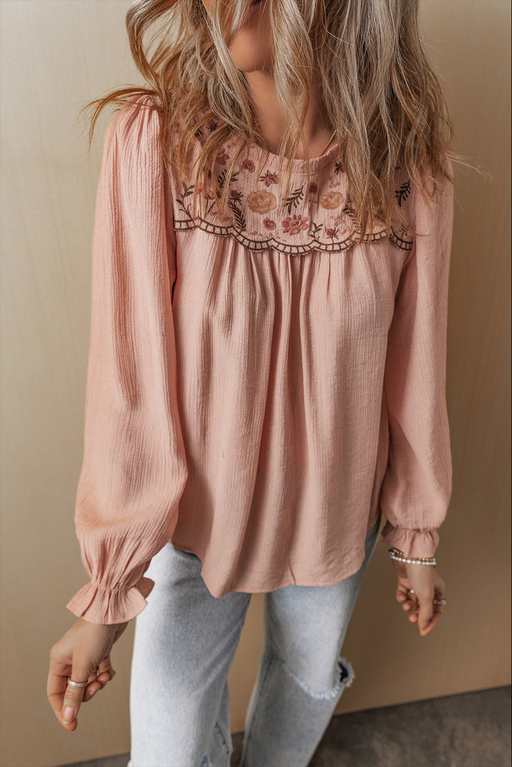 Angela Embroidered Flounce Sleeve Elegant Blouse-2