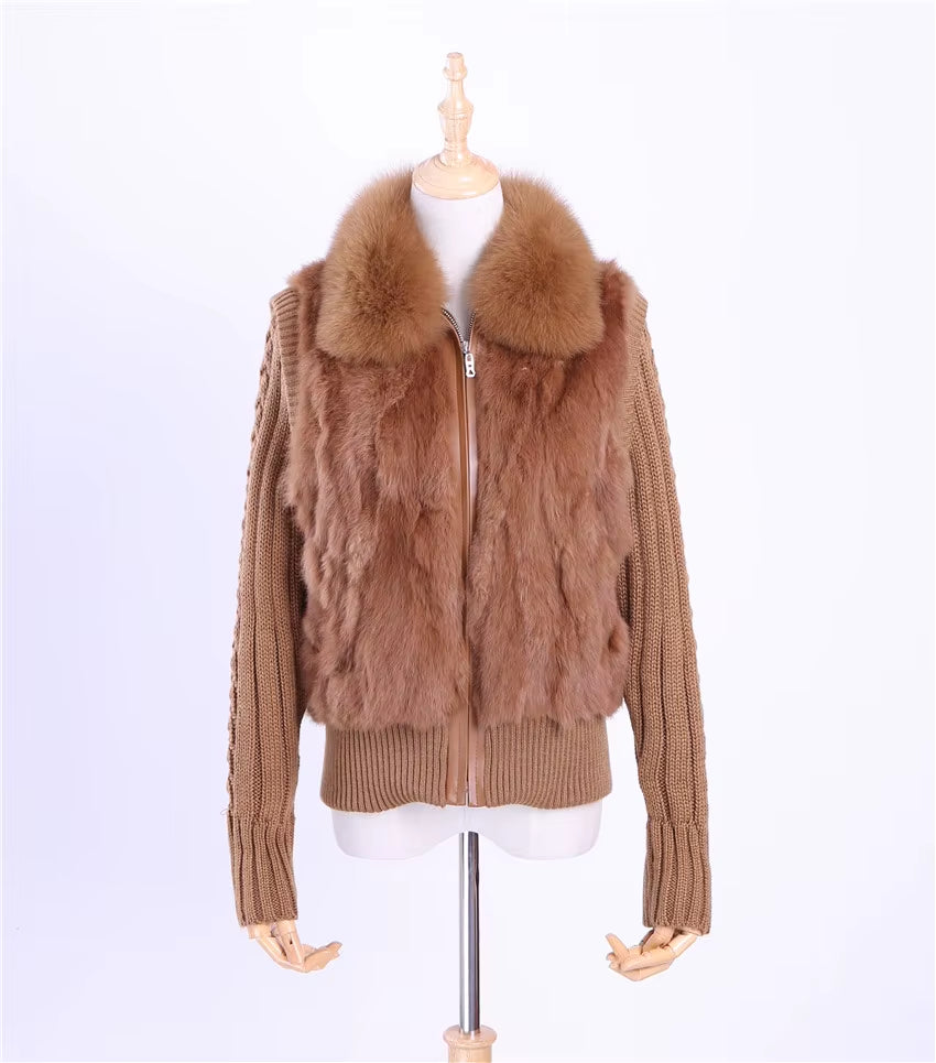 Women'S Genuine Real Rabbit Fur Fox Fur Collar Knitting Sleeve Women'S Winter Coat Fur Jacket Casual Short Outwear Slim