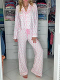 Pink Bow Wide Leg Pants Pajama Set Women'S 2 Piece Lounge Set Long Sleeve Lapel Button up Tops Pants Sleepwear Sets