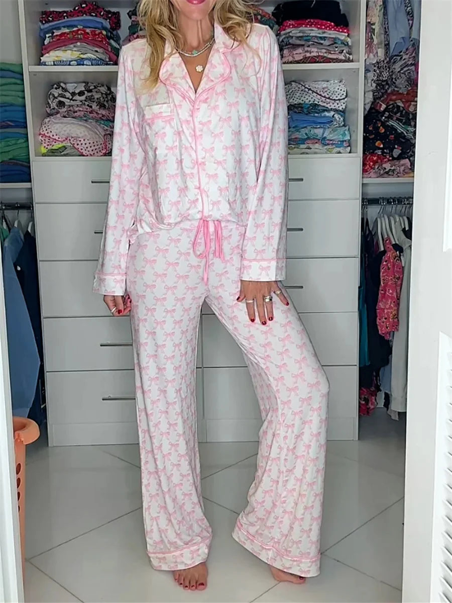 Pink Bow Wide Leg Pants Pajama Set Women'S 2 Piece Lounge Set Long Sleeve Lapel Button up Tops Pants Sleepwear Sets