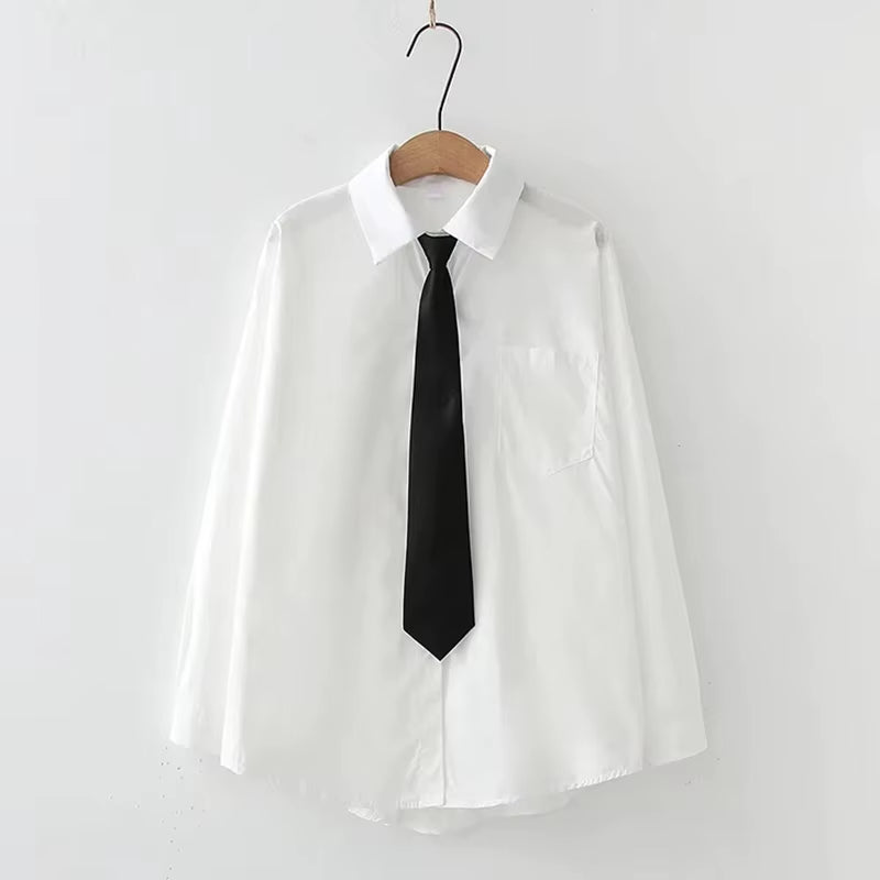 GIDYQ Women White Jk Shirts Long Sleeve Fall Student Shirts Casual Button up Japan Black Tie Preppy Style Girls Tops New