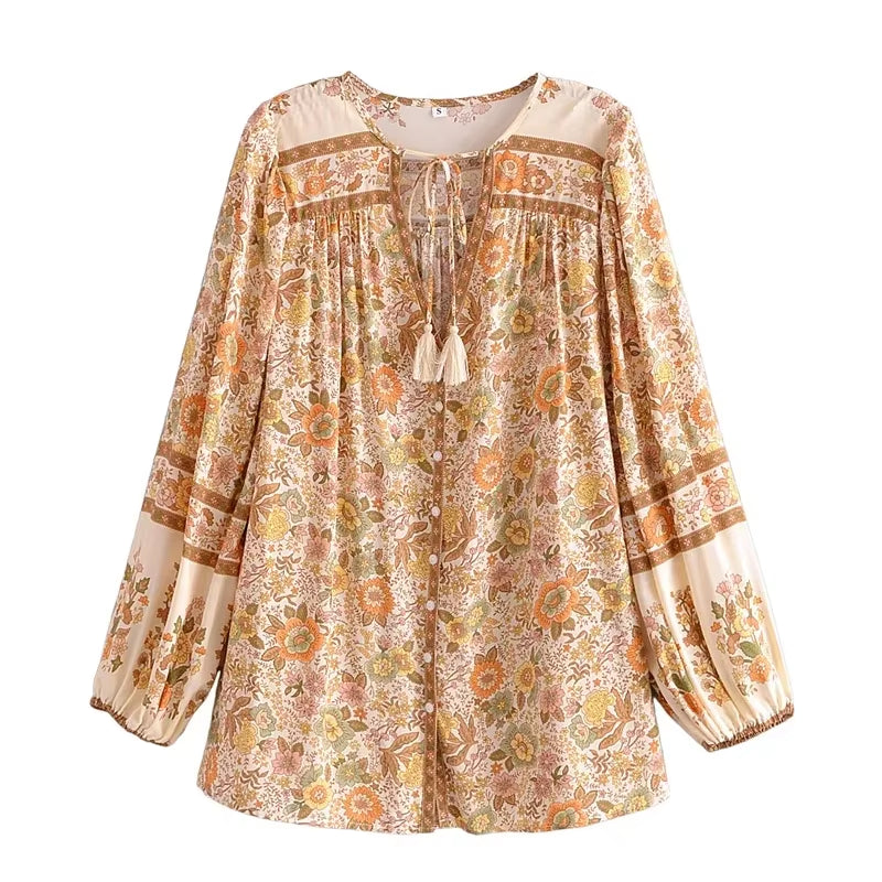 Women Floral Printed V-Neck Long Sleeve Tassel Boho Blouse Shirts Ladies Button Rayon Shirt Bohemian Blusas