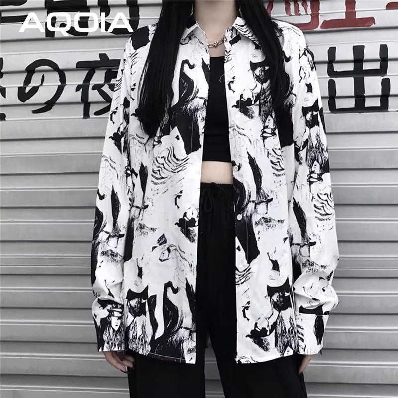 2025 Summer Harajuku Ink Printing Women Blouse Shirt Loose Long Sleeve Button up Ladies Shirt Y2K Oversize Female White Clothing