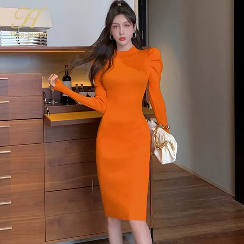 Autumn Long Sleeve Puff Sleeve Sweater Knit Dress Bottoming Simple Office Female Bottoming Pencil Knitted Vestidos