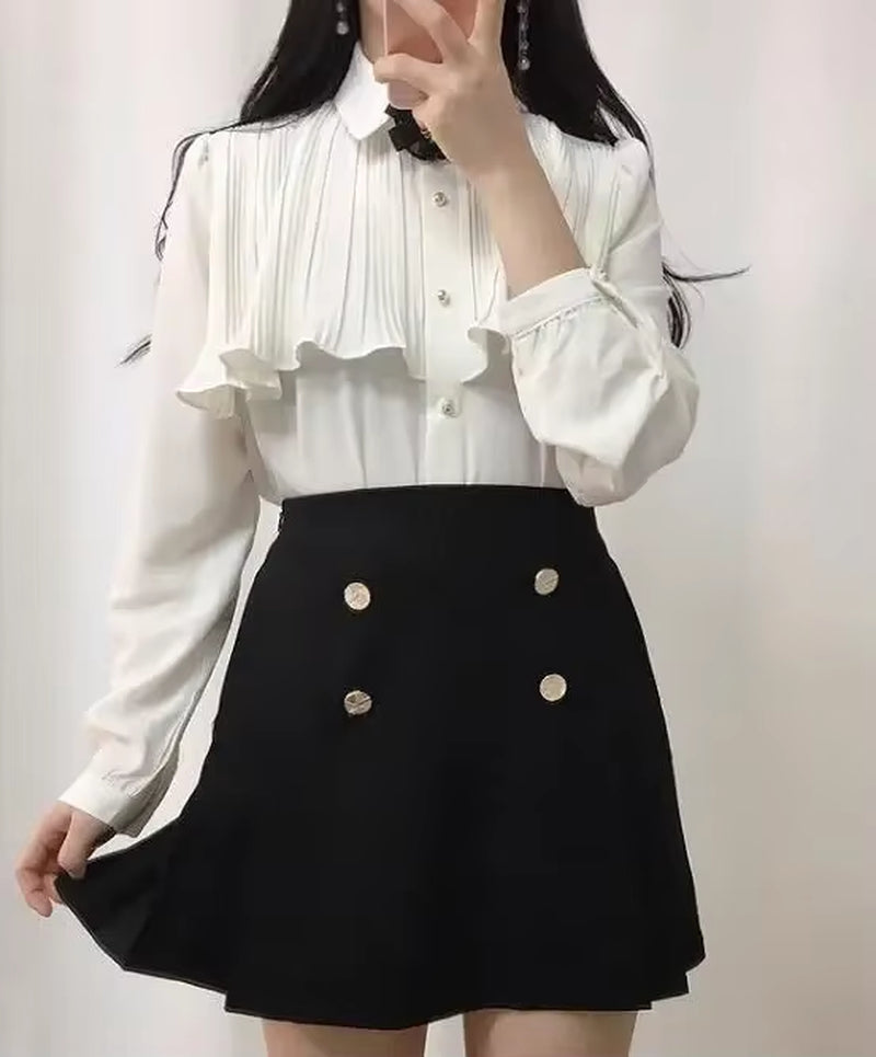 2026 Spring Women'S Cute Sweet Vintage Ruffled Tops Hot Sales Button Elegant Formal Shirts Blouses White 12016