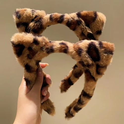 1/2Pcs Faux Fur Headwear Leopard Print Hair Accessories Hair Hoop Washing Face Plush Hair Bands Cat Ears Headbands Party Wear