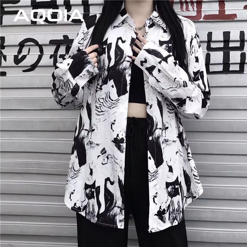 2025 Summer Harajuku Ink Printing Women Blouse Shirt Loose Long Sleeve Button up Ladies Shirt Y2K Oversize Female White Clothing