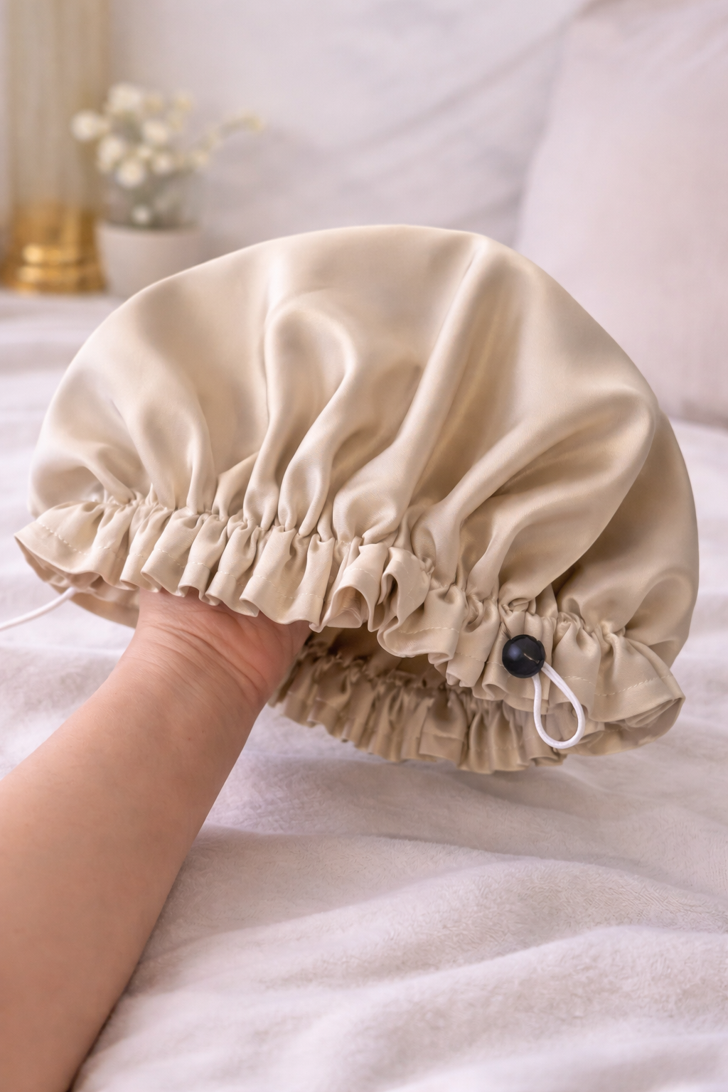 Large champagne satin adjustable sleep bonnet for hair protection -UpTied Scrunchie Co