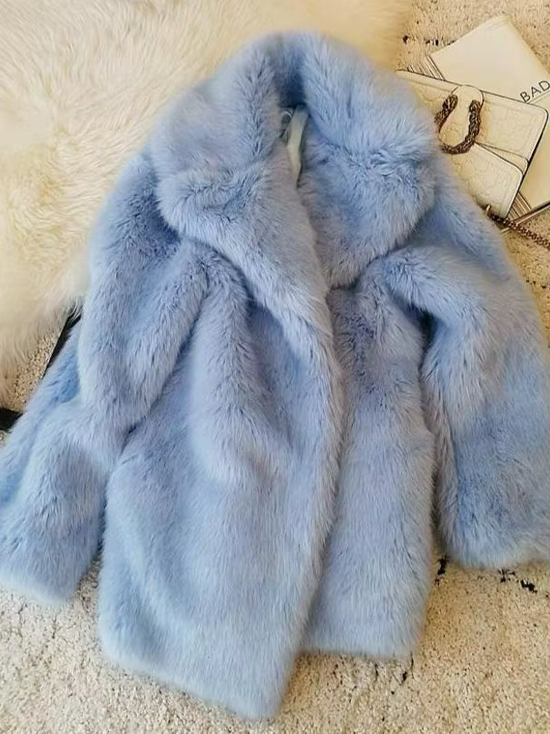 HIGH QUALITY Winter Lapel Hairy Shaggy Faux Fur Jacket Aqua Blue Vintage Long Sleeve Furry Faux Fur Coat Mid Long Outerwear