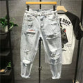 Ripped Denim Jeans 2021 Men'S Trendy Brand Loose Summer Thin Elastic Feet Pants Men'S Korean Harem Teenagers Cropped Pants