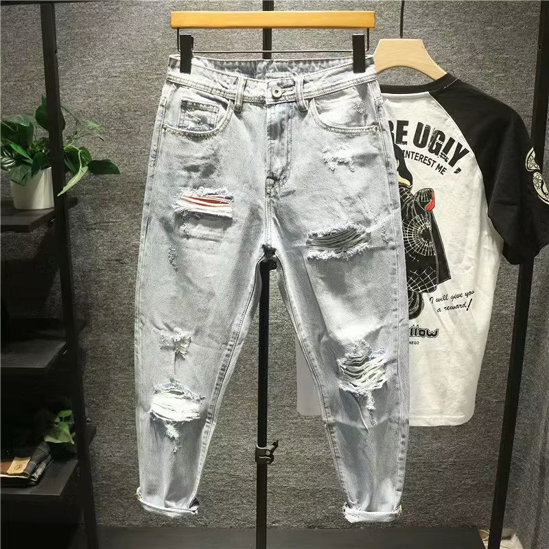 Ripped Denim Jeans 2021 Men'S Trendy Brand Loose Summer Thin Elastic Feet Pants Men'S Korean Harem Teenagers Cropped Pants