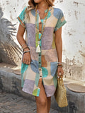 Women'S Elegant V-Neck Button-Up Dress Summer Geometric Print Comfortable Fashionable