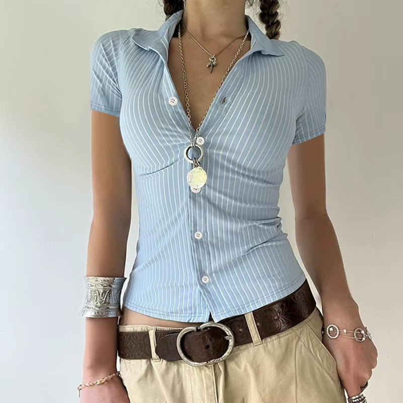 Sweetown Women'S Blue Stripe Slim Fit Shirt Short Sleeve Button up Turn down Collar Casual Preppy Top Basic Summer Tee