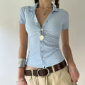 Sweetown Women'S Blue Stripe Slim Fit Shirt Short Sleeve Button up Turn down Collar Casual Preppy Top Basic Summer Tee