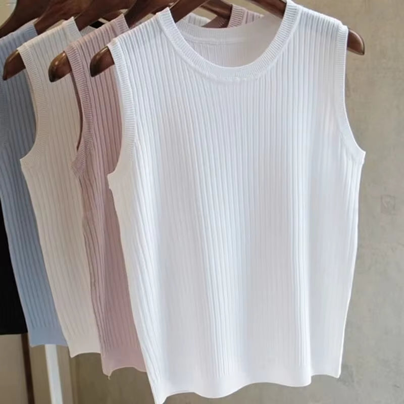 2026 Summer New Fashion Knitted Vests O-Neck Sleeveless Casual Thin Tops Sleeveless Blouse Women Shirt
