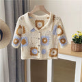 Granny Square Collared Button-Up Crochet Top Short Sleeve Sheer Open-Knit Crop Cardigan Women Summer Boho Vacation Outfit