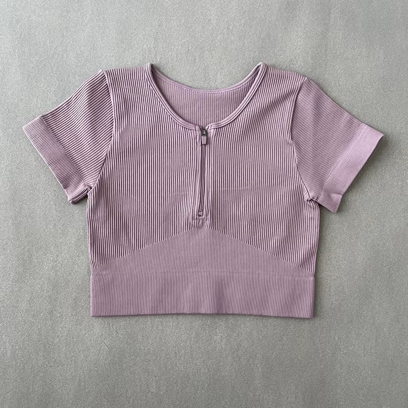 Woman Sports Top with Zipper Yoga Crop Top Ribbed Short Sleeve Top for Fitness Workout T-Shirt Tops Gym Clothing Sportswear