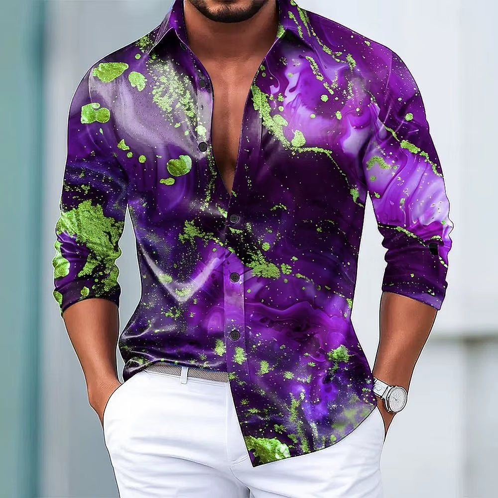 Men'S Marble Abstract Art Color-Blocking Shirt Long Sleeve Fashion Casual Vacation Dailywear Turndown 3D Print Button up Shirts