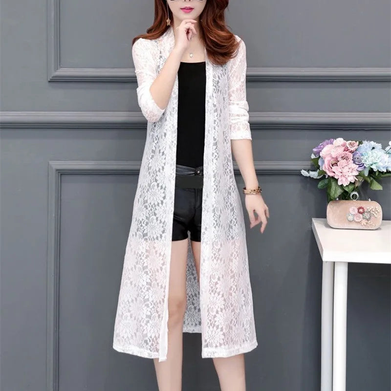 Summer Sun Protection Clothing Women Lace Cardigan Female Long Cardigans Loose Tops Women Coat Jacket Shirt Ladies Mesh Shawl