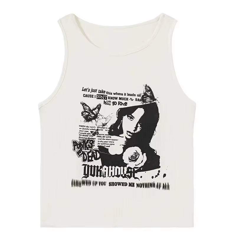 Y2K Grunge Print Sleeveless Sexy Tank Top for Women Ribbed Knit Vest Streetwear Aesthetic Clothing Female Crop Top Women 2000S