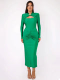 Hollow Out Long Sleeve Sexy Maxi Dress for Women Gown Autumn Winter New Metal Buckle Ruched Slit Long Dress Elegant