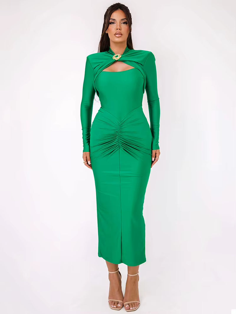 Hollow Out Long Sleeve Sexy Maxi Dress for Women Gown Autumn Winter New Metal Buckle Ruched Slit Long Dress Elegant