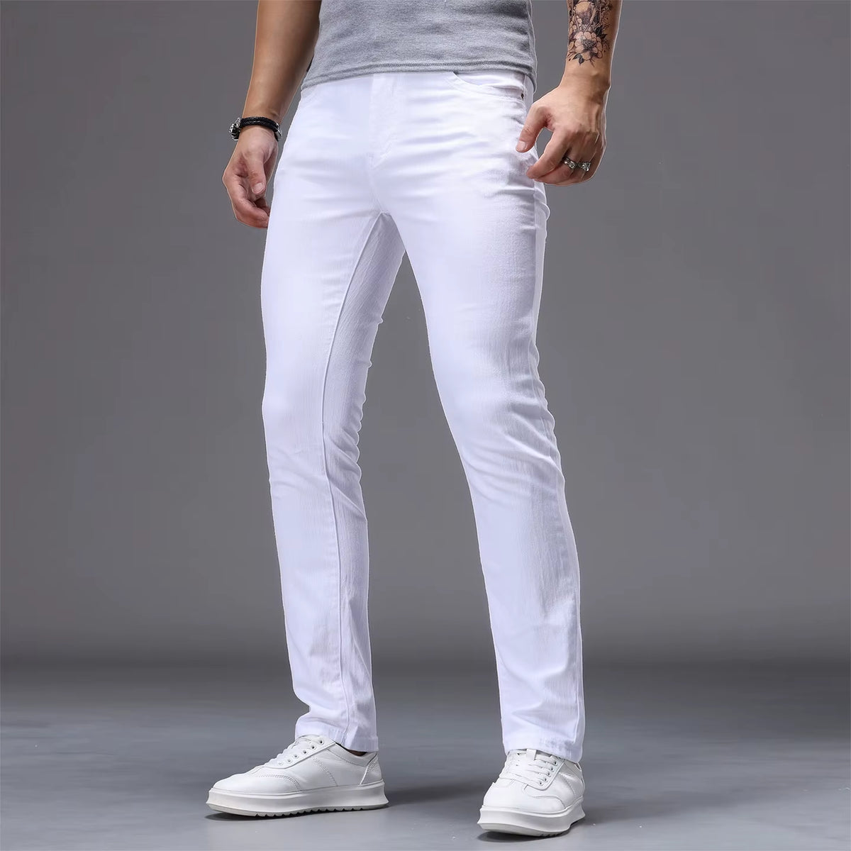 White Men'S Stretch Skinny Jeans Fashion Casual Slim Straight Denim Trousers Male Gray Black Khaki Blue Pants Brand Clothing