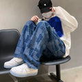 Blue Black Plaid Jeans Men Retro Casual Wide-Leg Jeans Mens Streetwear Loose Hip-Hop Straight Denim Trousers Men Vintage Jeans