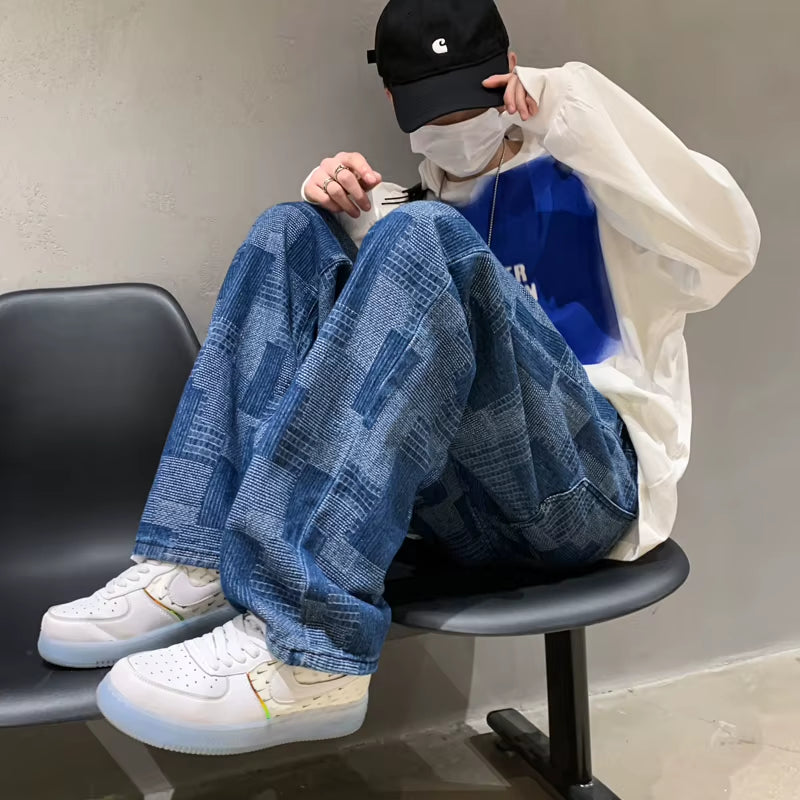 Blue Black Plaid Jeans Men Retro Casual Wide-Leg Jeans Mens Streetwear Loose Hip-Hop Straight Denim Trousers Men Vintage Jeans