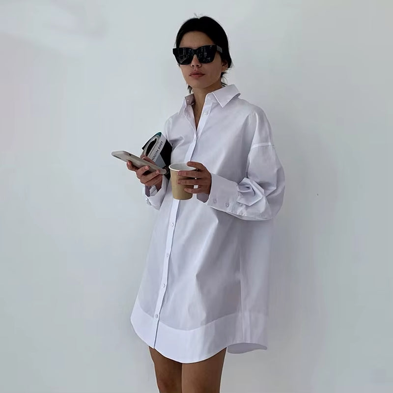 Autumn 2025 Minimalist Women'S White Long Shirt Oversize Full Sleeve Patchwork Button-Up Work Blouse Female Clothing